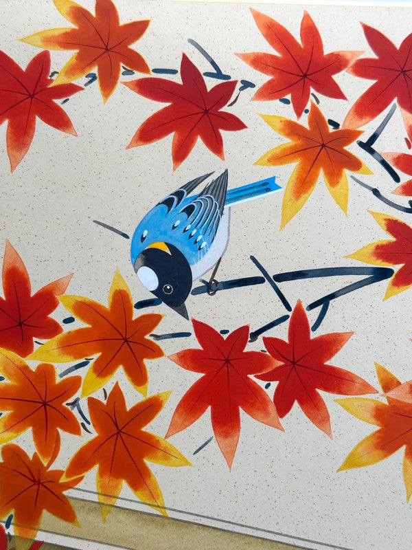 Carte d'art vintage Shikishi automne et oiseau