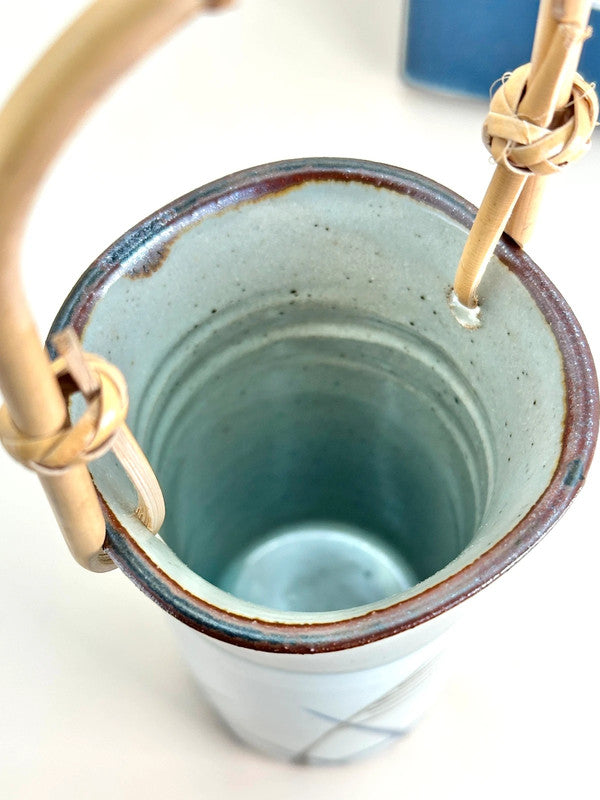 TB37 - Vintage Japan Ceramic Vase bamboo handle by Tachikichi たち吉