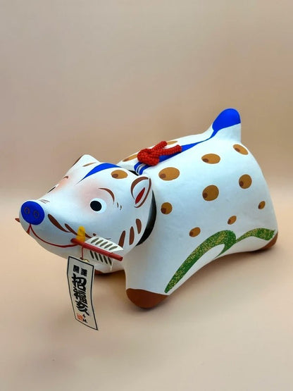FT10 - Vintage Japanese folk toy white boar paper mache 招福 亥