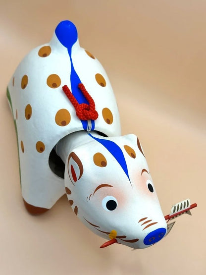 FT10 - Vintage Japanese folk toy white boar paper mache 招福 亥