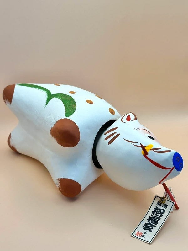 FT10 - Vintage Japanese folk toy white boar paper mache 招福 亥