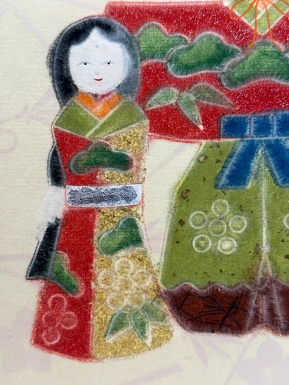 SHP15 - Vintage Chigiri-e Shikishi card  Hina Ningyo 雛人形