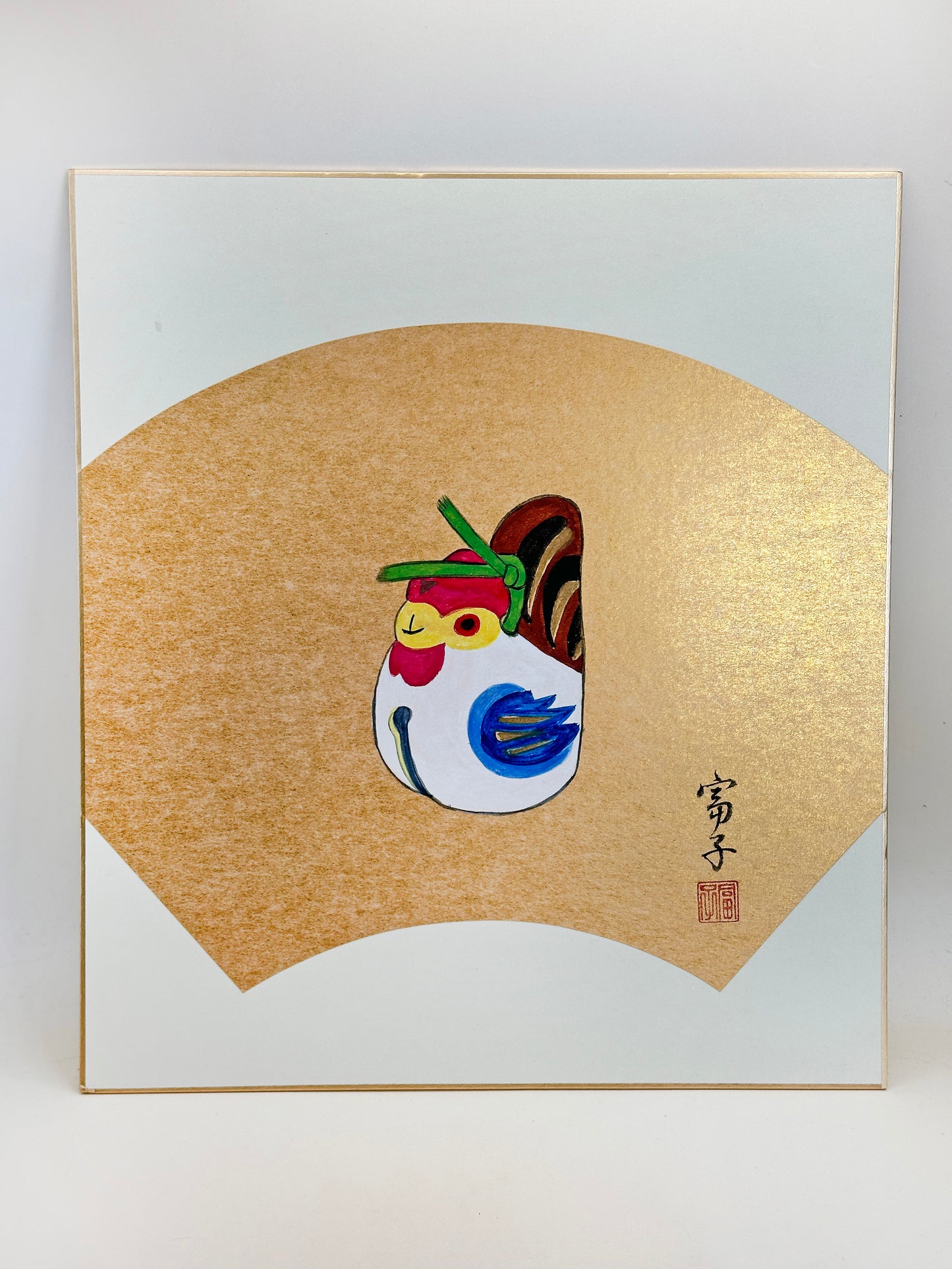 SHP216 - Obra de arte shikishi gallina campana de arcilla 鷄の土鈴
