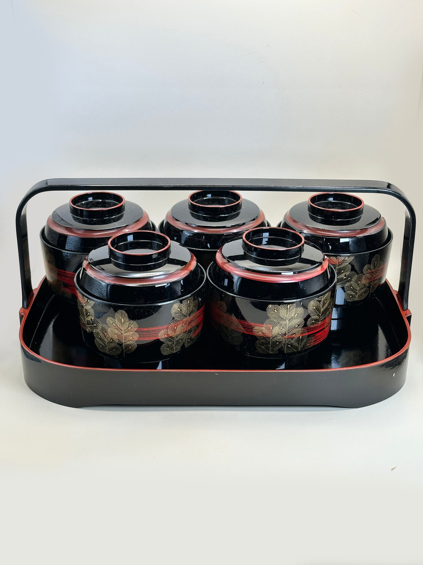 TB150 - Juego de 5 cuencos con tapa estilo laca japonesa con bandeja con asas