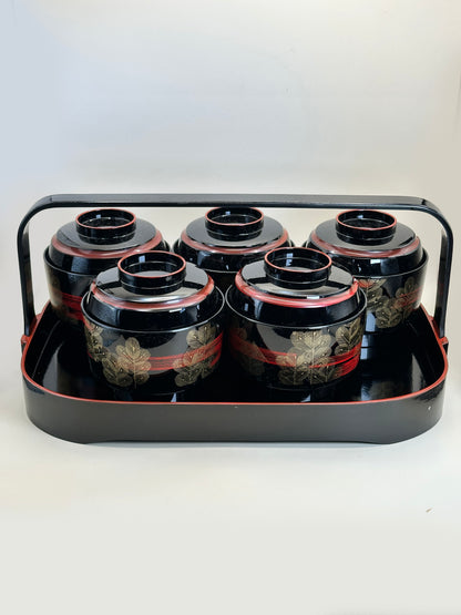 TB150 - Juego de 5 cuencos con tapa estilo laca japonesa con bandeja con asas