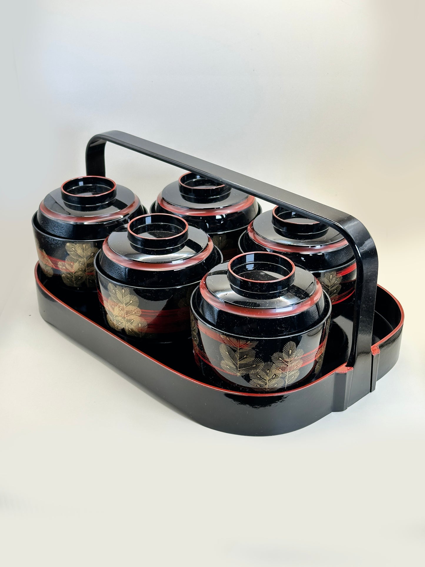 TB150 - Juego de 5 cuencos con tapa estilo laca japonesa con bandeja con asas