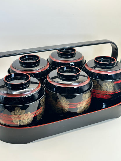 TB150 - Juego de 5 cuencos con tapa estilo laca japonesa con bandeja con asas