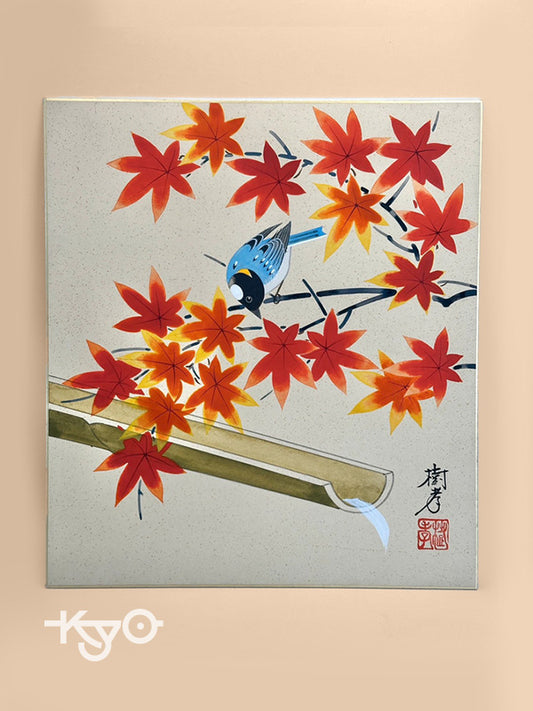 Carte d'art vintage Shikishi automne et oiseau