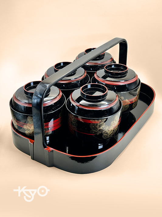 TB150 - Set of 5 Japanese Lacquer-Style Lidded Bowls with Handled Tray